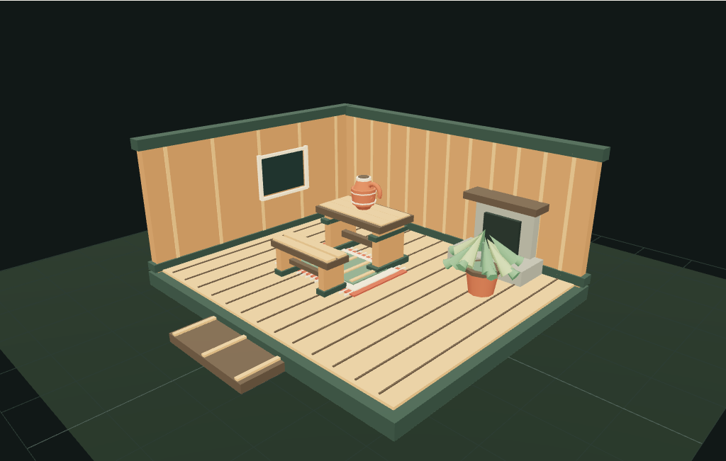 Cutaway view of the Alder Cabin with furniture, decor and a potted fern