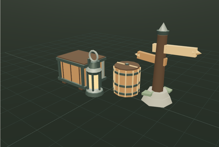 Render of the four Field Camp demo props arranged on a dark stage